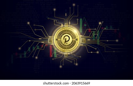 Token cryptocurrency Polkadot , Gold coin symbol on future internet cashless currency wallet safe trade on digital online technology blockchain stock market disrupt transform financial bank. 3D vector