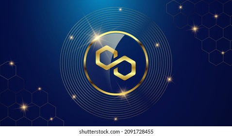 Token cryptocurrency Poygon ( MATIC ), Gold coin symbol in shiny gold circle.