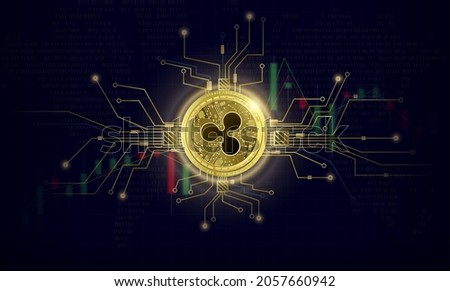 Token cryptocurrency Ripple, Gold coin symbol on future internet cashless currency wallet safe trade on digital online technology blockchain stock market disrupt transform financial bank. 3D vector.