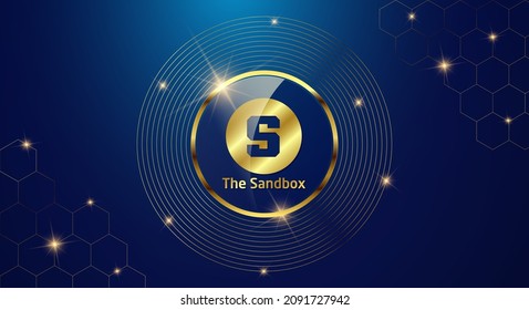 Token cryptocurrency The Sandbox ( SAND ), Gold coin symbol in shiny gold circle.