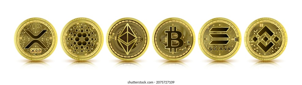 Token cryptocurrency set. Currency on future internet. Digital online technology blockchain stock market. Gold coin symbol crypto currencies Bitcoin, Ethereum, Cardano, Binance, Solana, XRP. 3D Vector