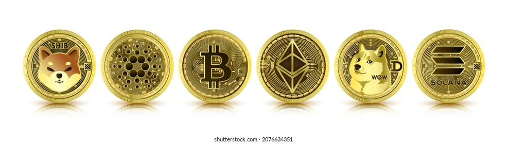 Token cryptocurrency set. Currency on future internet. Digital online technology blockchain stock market. Gold coin crypto currencies Bitcoin, Ethereum, Cardano, Dogecoin, Solana, Shiba inu. 3D Vector