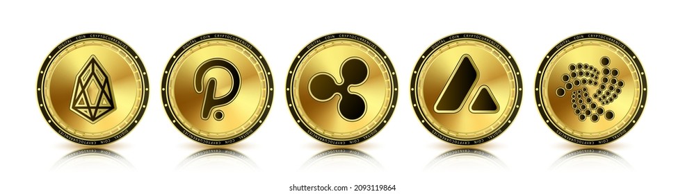 Token cryptocurrency set. Currency on future internet. Gold coin cryptocurrencies Polkadot, Iota, Avalanche, EOS, hedera. Isolated on white background realistic 3D Vector illustration.