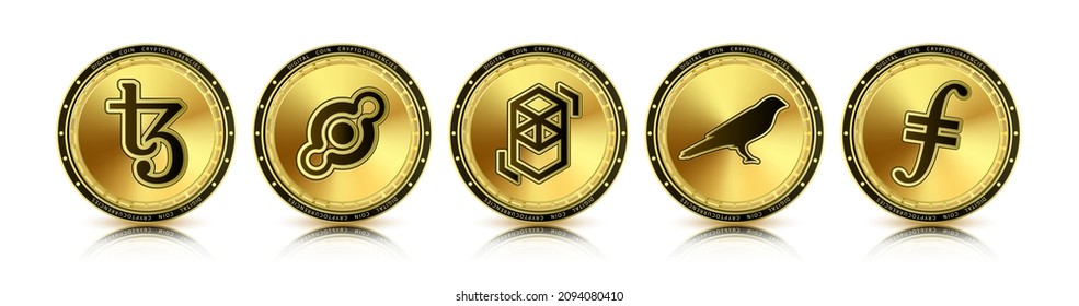 Conjunto de criptodivisa de token. Moneda en el futuro Internet. Monedas de oro criptomonedas, Tezos, Filecoin, Kusamal, Fantom. Aislado sobre fondo blanco, ilustración 3D Vector realista.