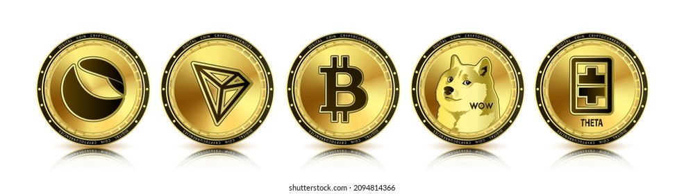 Token cryptocurrency set. Currency on future internet. Gold coin cryptocurrencies Bitcoin, Terra, Tron, Dogecoin, Theta. Isolated on white background realistic 3D Vector illustration.