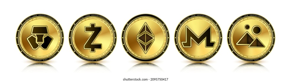 Conjunto de criptodivisa de token. Moneda en el futuro Internet. Monedas de oro criptodivisas Eéreo clásico, Monero, Crypto.com, Decentraland, Zcash. Aislado sobre un vector 3D realista de fondo blanco.