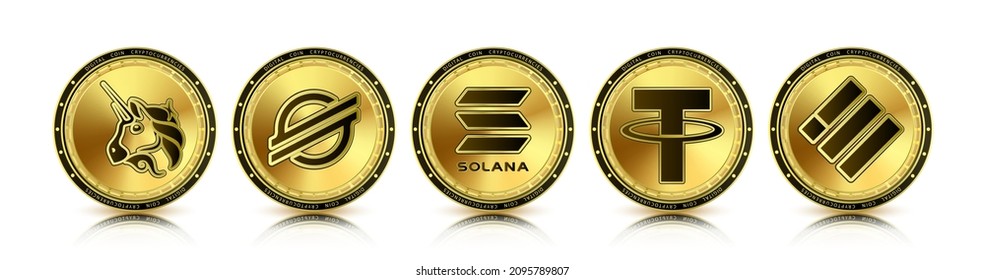 Conjunto de criptodivisa de token. Moneda en el futuro Internet. Monedas de oro criptomonedas Uniswap, Solana, Stellar, Tether, Binance USD. Aislado sobre fondo blanco, ilustración 3D Vector realista.