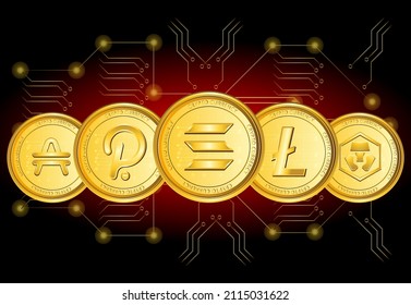 Token cryptocurrency set. Currency on future internet. Digital online technology  stock market. Gold coin symbol crypto currencies Polkadot, Solana, litecoin, Amp and crypto.com