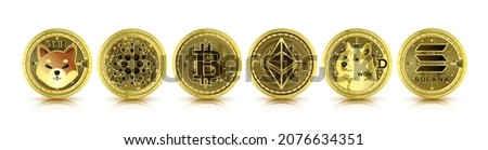Token cryptocurrency set. Currency on future internet. Digital online technology blockchain stock market. Gold coin crypto currencies Bitcoin, Ethereum, Cardano, Dogecoin, Solana, Shiba inu. 3D Vector