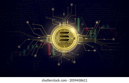 Token cryptocurrency Solana, Gold coin symbol on future internet cashless currency wallet safe trade on digital online technology blockchain stock market disrupt transform financial bank. 3D vector.