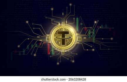 Token cryptocurrency Tether, Gold coin symbol on future internet cashless currency wallet safe trade on digital online technology blockchain stock market disrupt transform financial bank. 3D vector.