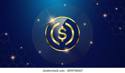 Token cryptocurrency USD Coin ( USDC ), Gold coin symbol in shiny gold circle.