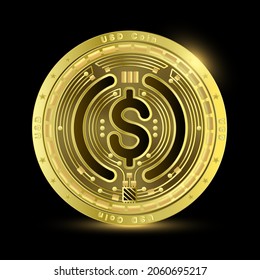 Token cryptocurrency USD, Gold coin symbol on future internet cashless currency wallet safe trade on digital online technology blockchain stock market disrupt transform financial bank. 3D vector.