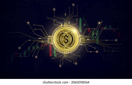 Token cryptocurrency USD, Gold coin symbol on future internet cashless currency wallet safe trade on digital online technology blockchain stock market disrupt transform financial bank. 3D vector.