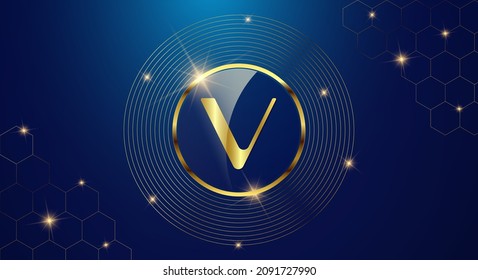 Token cryptocurrency VeChain ( VET ), Gold coin symbol in shiny gold circle.