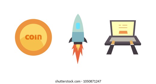 Token ICO vector illustration and blockchain technology icons.