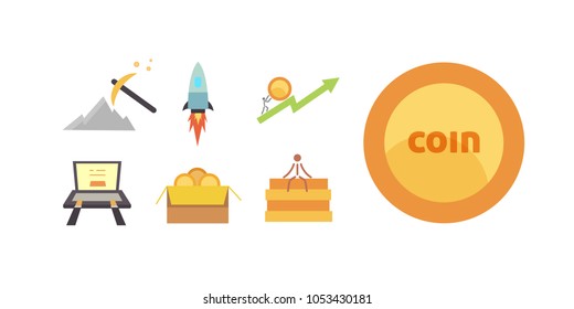 Token ICO vector illustration and blockchain technology icons.