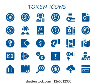  token icon set. 30 filled token icons. Simple modern icons about  - Coin, Reporter, Pound, Coins, Report, Register, Question mark, Logout, Scheme, Download, Iso, Upload, Hair dryer