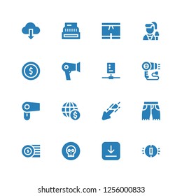 token icon set. Collection of 16 filled token icons included Coin, Download, Coins, Shorts, Hair dryer, Hairdryer, Circuit, Reporter, Register