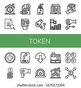 conjunto de iconos de token. Colección de moneda, informe, agua fría, secador de pelo, monedas, vuelta, descarga, token, registro, iconos de libras