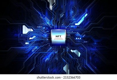 Texto Token NFT en chip de CPU con fondo de placa de circuito digital. El concepto de NFT se hace más popular y conocido. Producto de la tecnología de moneda criptográfica