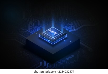 Token NFT text on CPU chip with digital circuit board background. Concept of NFT becomes more popular and well known. Product from crypto currency technology