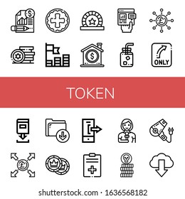 token simple icons set. Contains such icons as Report, Tokens, Coin, Coins, Token, Cold water, Pound, Turn, Download, Logout, Reporter, Hair dryer, can be used for web, mobile and logo