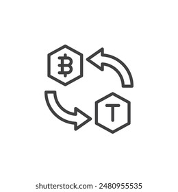 Token Swap line icon. linear style sign for mobile concept and web design. Two cryptocurrency tokens with arrows outline vector icon. Symbol, logo illustration. Vector graphics