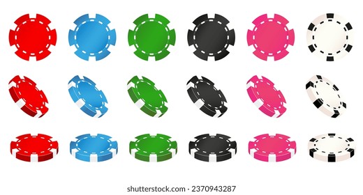 Tokens o chips para apostar. Chiapas multicolores en diferentes posiciones.EPS10 de ilustración vectorial.