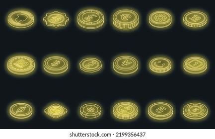 Tokens icons set. Isometric set of tokens vector icons neon color on black
