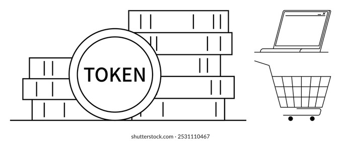 Tokens stacked with a shopping cart and laptop. Ideal for digital transactions, investing, online shopping, cryptocurrency, fintech. Black and white minimalistic line art