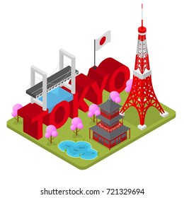 Tokio City Famous Landmark of Capital Japanese Symbol Travel Business Concept Isometric View. Vector illustration of Japan Panorama Monument