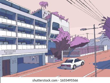 Tokio street illustration hand drawing vector pink color art