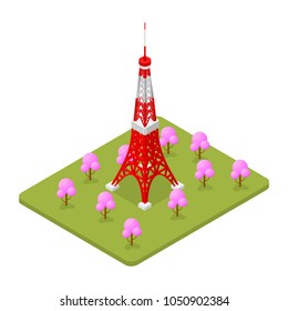 Tokio Tower Famous Landmark of Capital Japanese Symbol Travel Business Concept Isometric View. Vector illustration of Japan Monument