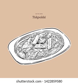 Tokpokki Or Stir-fried Rice Cakes Is A Popular Korean Food.hand Draw Sketch Vector.