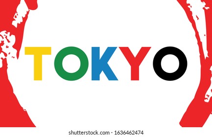 Tokyo 2020 with colored brushs grunge circles concept. The Summer Games in Japan. Brochure, card, banner, poster, t-shirt design. Vector EPS 10.