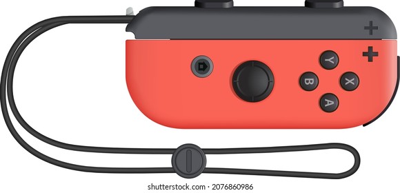 Tokyo 2020. Joy-Con right red with strap front view for Nintendo Switch handheld game system realistic icon. Joy Con for Nintendo Switch game console.