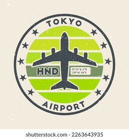 Tokyo airport insignia. Round badge with vintage stripes, airplane shape, airport IATA code and GPS coordinates. Appealing vector illustration.