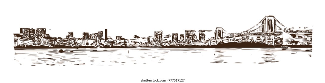 Tokyo Bay at Rainbow Bridge, Tokyo, Japan. Hand drawn sketch in vector illustration. Vector illustration for a postcard or a poster. white background.