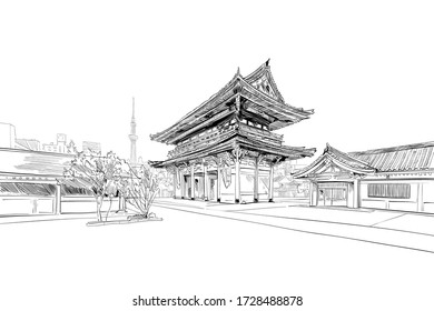 Tokyo. Buddhist temple. Japan. Hand drawn sketch. Vector illustration.