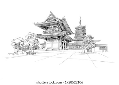 Tokyo. Buddhist temple. Japan. Hand drawn sketch. Vector illustration.