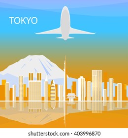 Tokyo, capital of Japan. Tokyo abstract illustration. Tokyo urban landscape. Tokyo gold color. Japan Airlines. Plane flying over the city of Tokyo. Tokyo with reflection. Tokyo vector illustration.