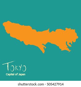 TOKYO - capital of Japan illustration vector - map silhouette isolated on green background, close up, detailed.