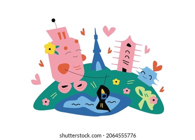 Tokyo cartoon illustration. Modern style Tokyo city illustration. Japan holiday travel flat drawing. Hand sketched poster, banner, postcard, card template for travel company, T-shirt, shirt. Vector
