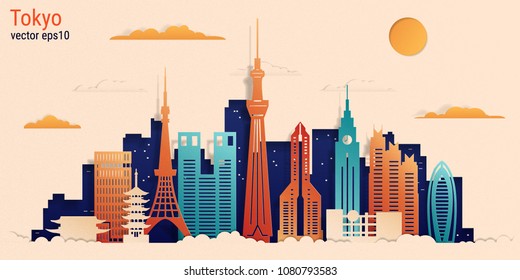 Cidade de Tóquio estilo de corte de papel colorido, ilustração de estoque vetorial. Paisagem urbana com todos os edifícios famosos. Skyline Tóquio composição da cidade para design