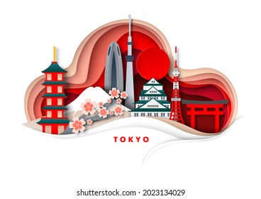 Tokyo city, Japan, vector illustration in paper art style. Temples, tower, Japan famous landmarks and tourist attractions. Global travel.