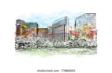 Tokyo City, Japan. Watercolor splash with hand drawn sketch in vector illustration.
