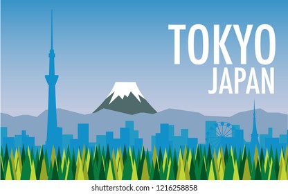 Tokyo city landscape with many building and Fuji mountain in the background  with text TOKYO JAPAN