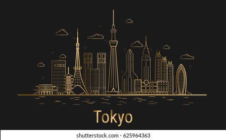 Tokyo City Line Art, Golden Architecture Vector Illustration, Skyline City, All Famous Buildings.