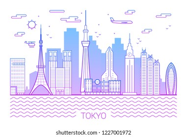 Tokyo City Line Art Vector Illustration With All Famous Building. Cityscape Banner In A Trendy Modern Style, Typographic Composition Of Gradient Lines And Background 